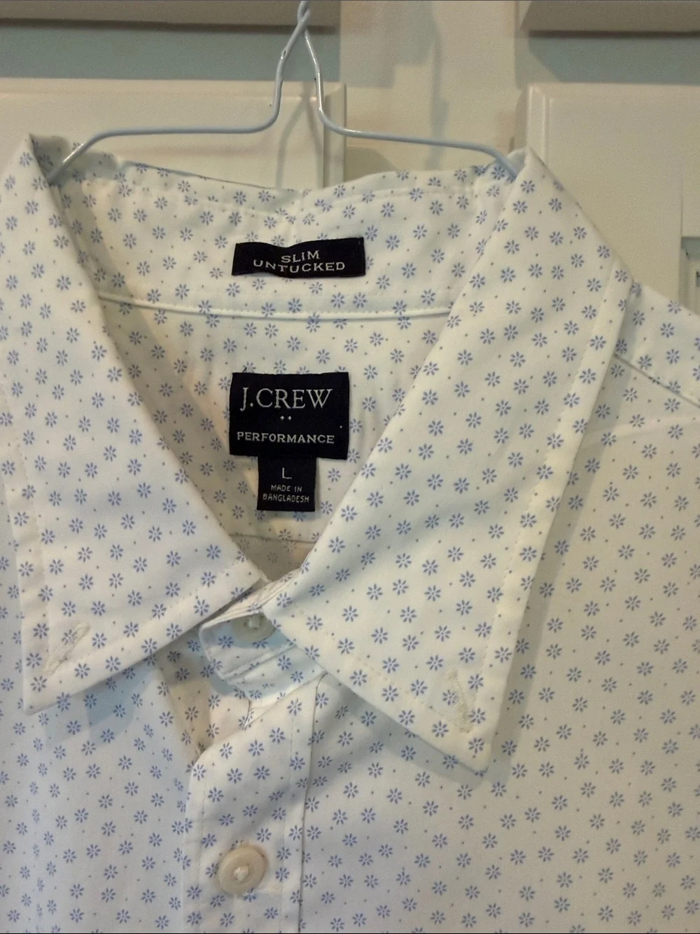 J. Crew Men's White Button-Down Shirt with Subtle Blue Micro Dot Print